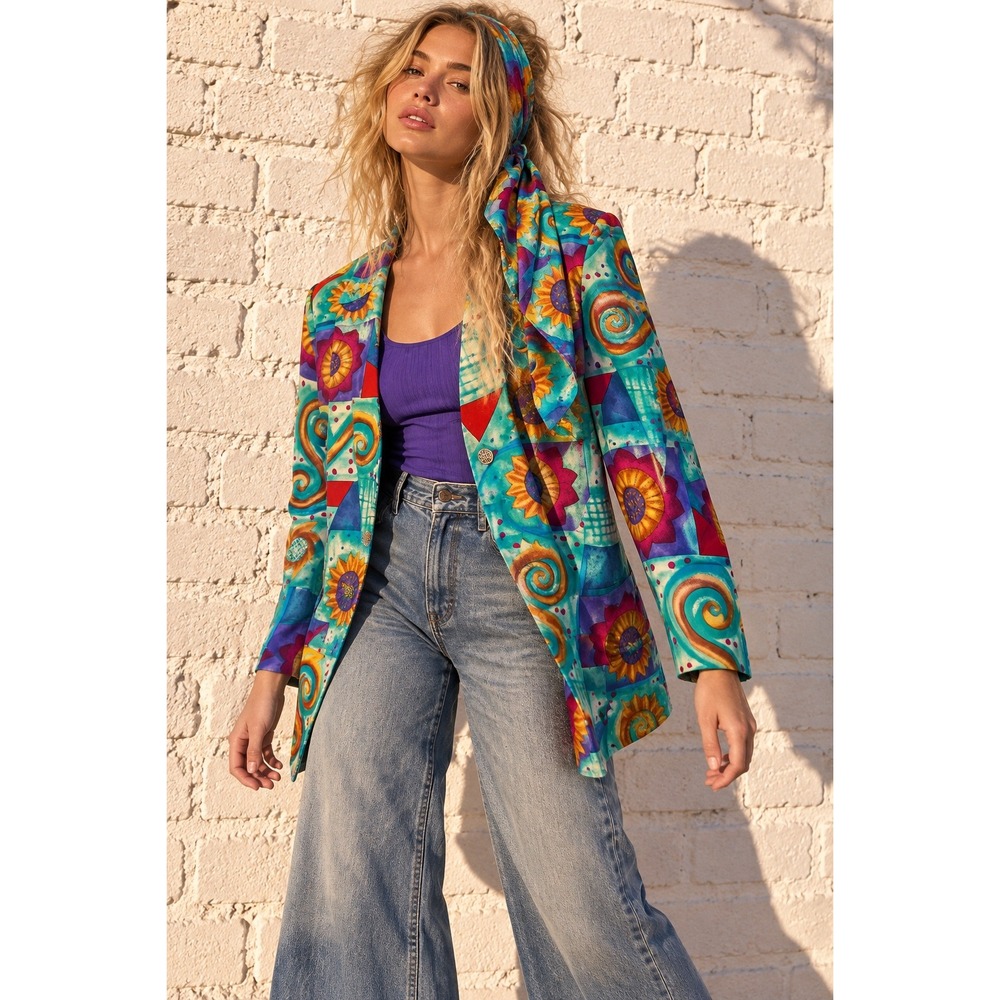 Vintage Maggie Sweet 3pc Reversible Shirt Tank Blazer Tie Set Sunflower Art M